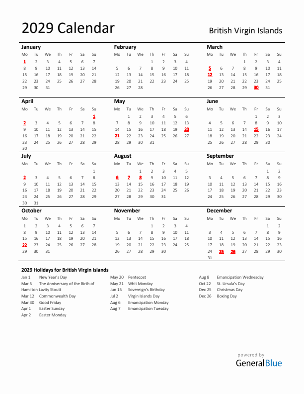 Standard Holiday Calendar for 2029 with British Virgin Islands Holidays 