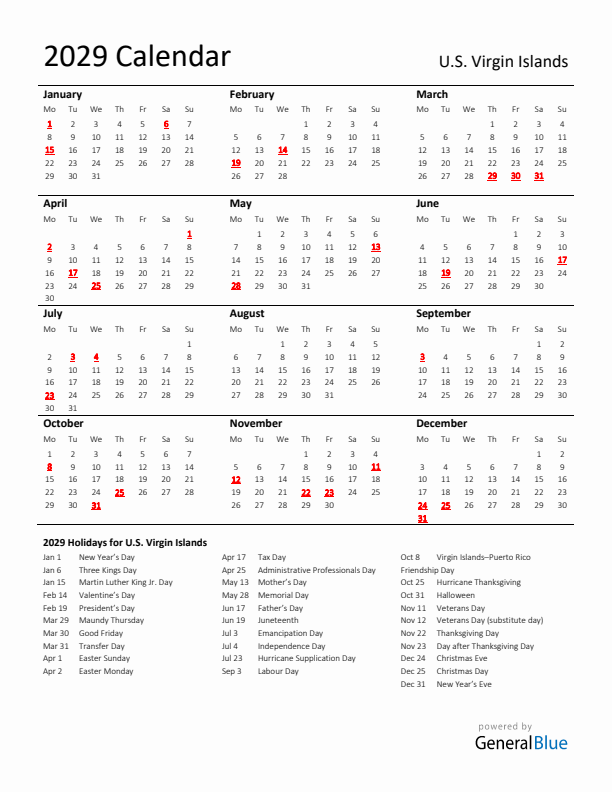 Standard Holiday Calendar for 2029 with U.S. Virgin Islands Holidays 