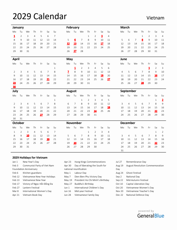 Standard Holiday Calendar for 2029 with Vietnam Holidays