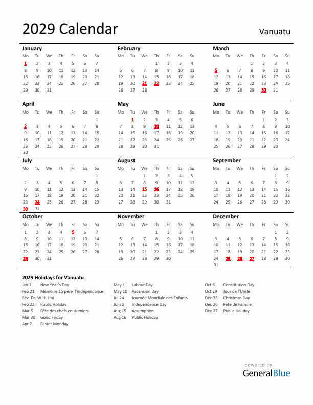 Standard Holiday Calendar for 2029 with Vanuatu Holidays 
