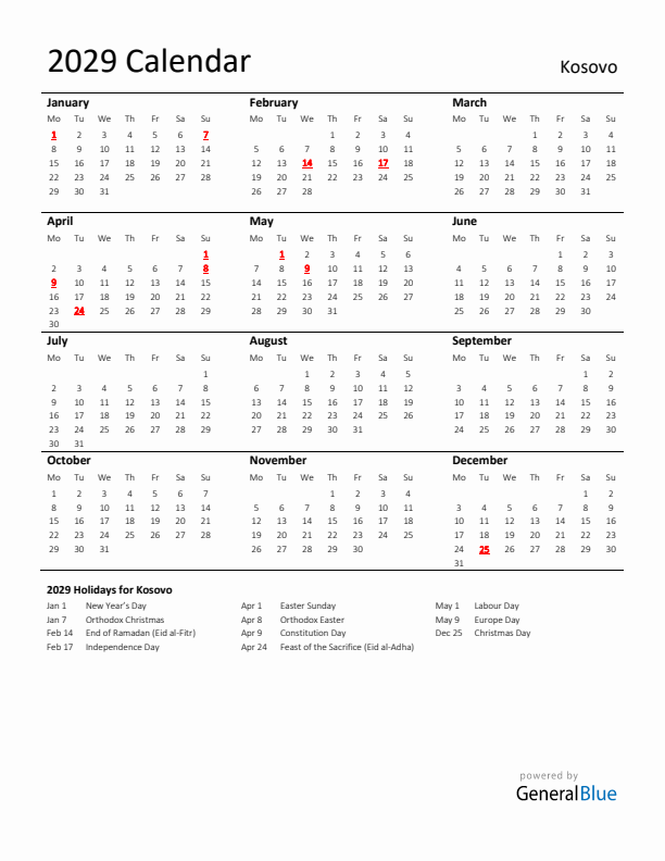 Standard Holiday Calendar for 2029 with Kosovo Holidays