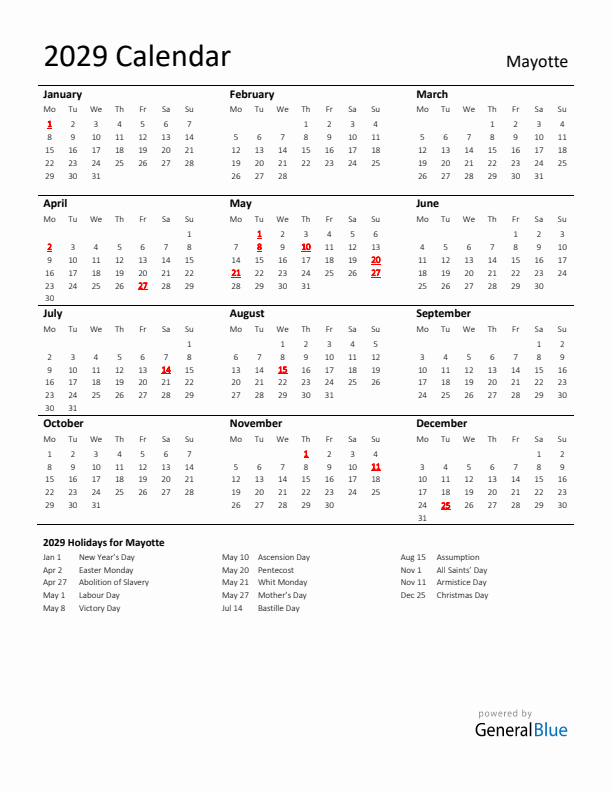 Standard Holiday Calendar for 2029 with Mayotte Holidays