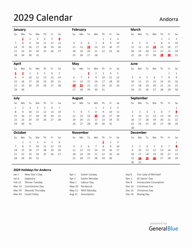 Standard Holiday Calendar for 2029 with Andorra Holidays