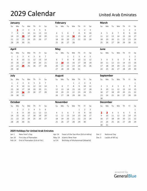 Standard Holiday Calendar for 2029 with United Arab Emirates Holidays