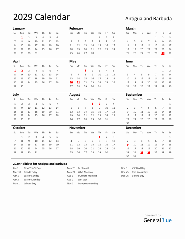 Standard Holiday Calendar for 2029 with Antigua and Barbuda Holidays