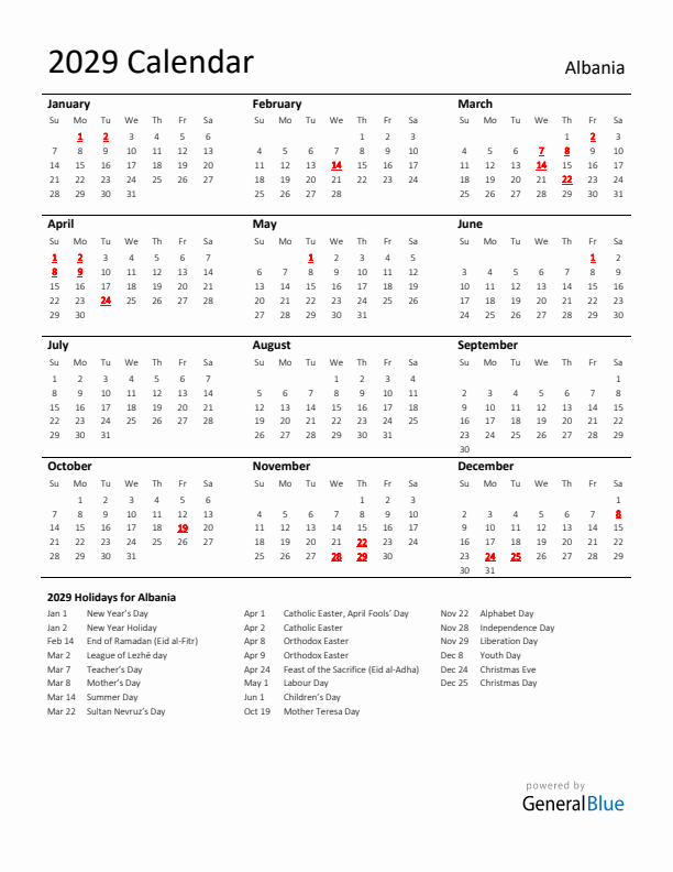 Standard Holiday Calendar for 2029 with Albania Holidays
