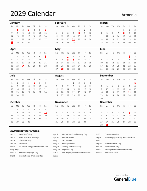 Standard Holiday Calendar for 2029 with Armenia Holidays