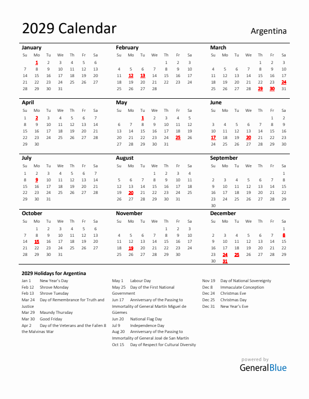 Standard Holiday Calendar for 2029 with Argentina Holidays 