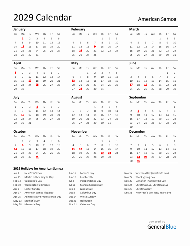 Standard Holiday Calendar for 2029 with American Samoa Holidays 