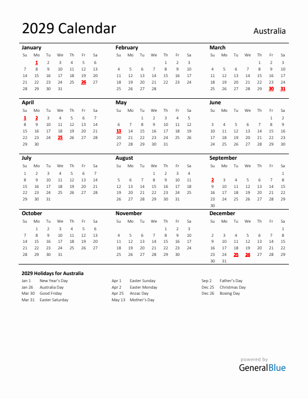 Standard Holiday Calendar for 2029 with Australia Holidays
