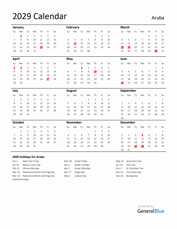 Standard Holiday Calendar for 2029 with Aruba Holidays