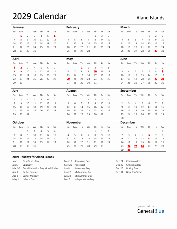 Standard Holiday Calendar for 2029 with Aland Islands Holidays