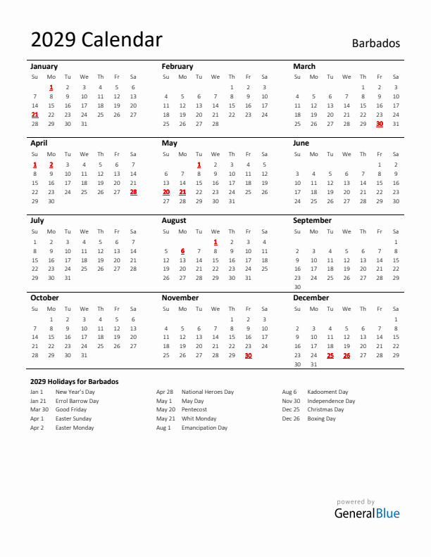 Standard Holiday Calendar for 2029 with Barbados Holidays