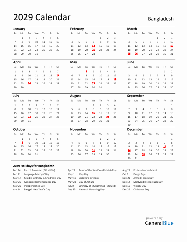 Standard Holiday Calendar for 2029 with Bangladesh Holidays