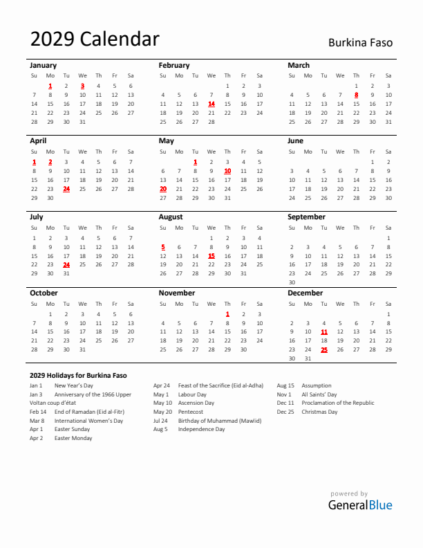 Standard Holiday Calendar for 2029 with Burkina Faso Holidays