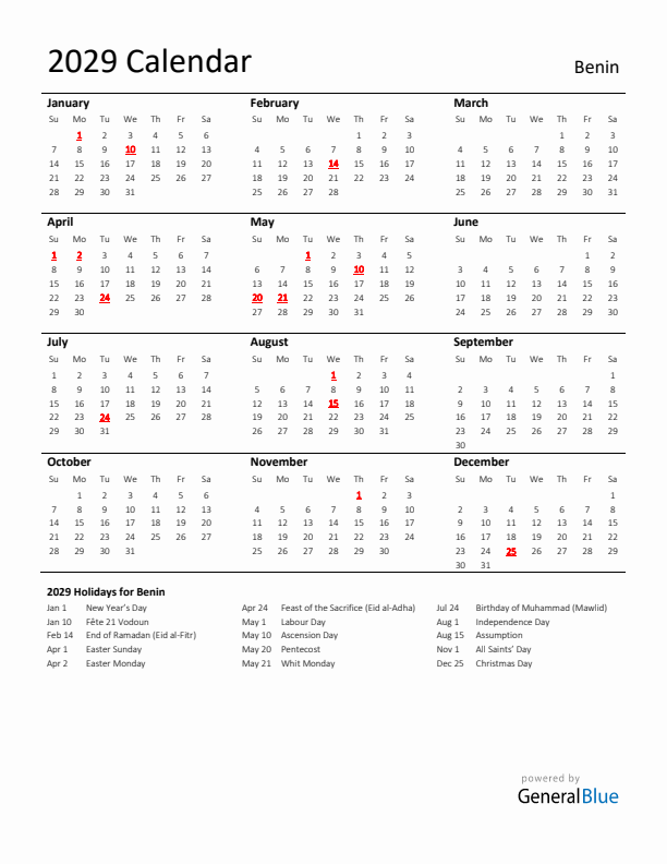 Standard Holiday Calendar for 2029 with Benin Holidays
