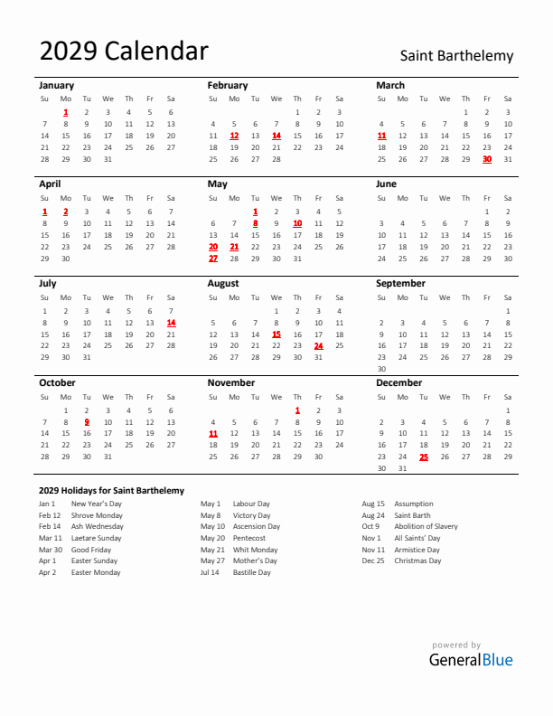 Standard Holiday Calendar for 2029 with Saint Barthelemy Holidays