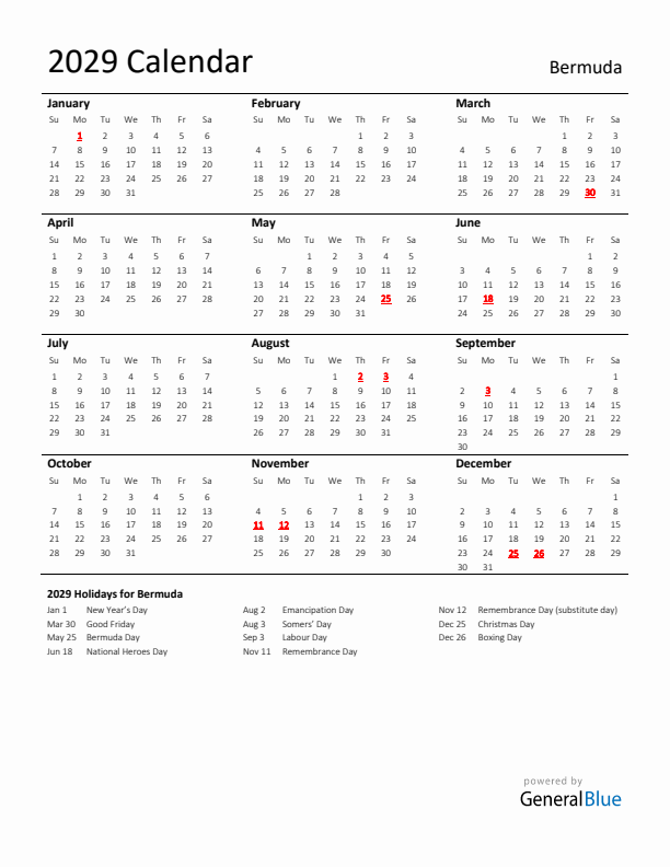 Standard Holiday Calendar for 2029 with Bermuda Holidays