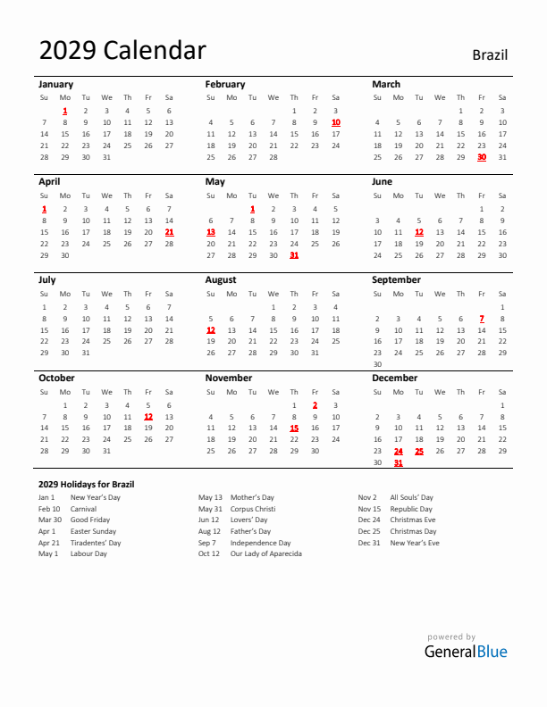Standard Holiday Calendar for 2029 with Brazil Holidays
