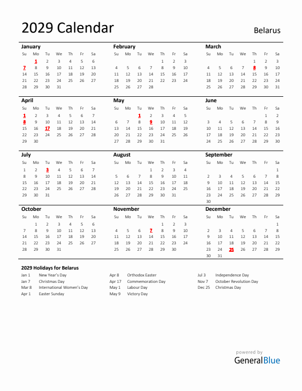 Standard Holiday Calendar for 2029 with Belarus Holidays