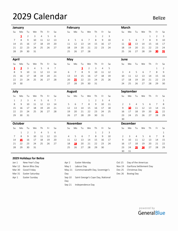 Standard Holiday Calendar for 2029 with Belize Holidays