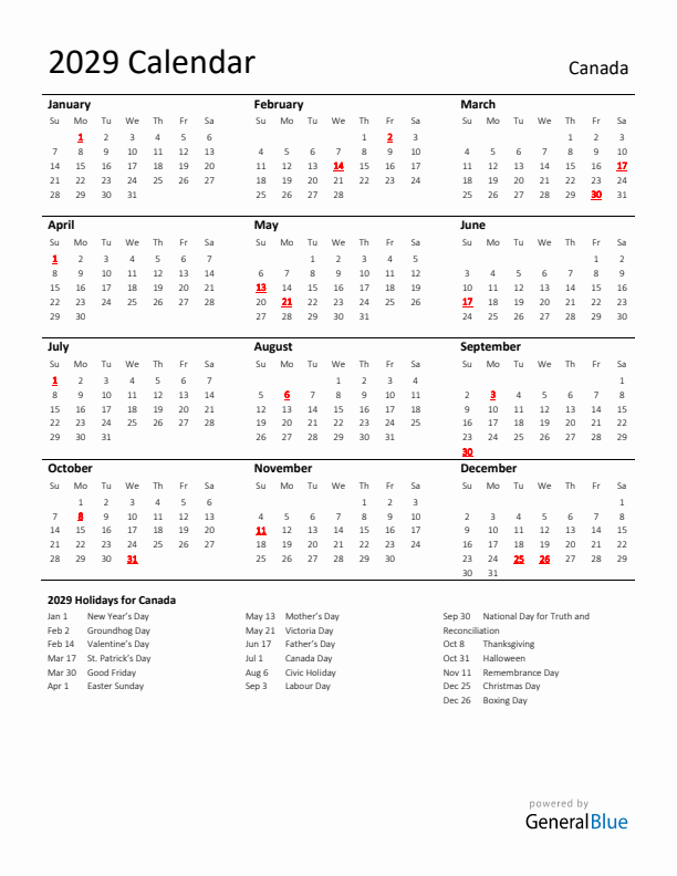 Standard Holiday Calendar for 2029 with Canada Holidays