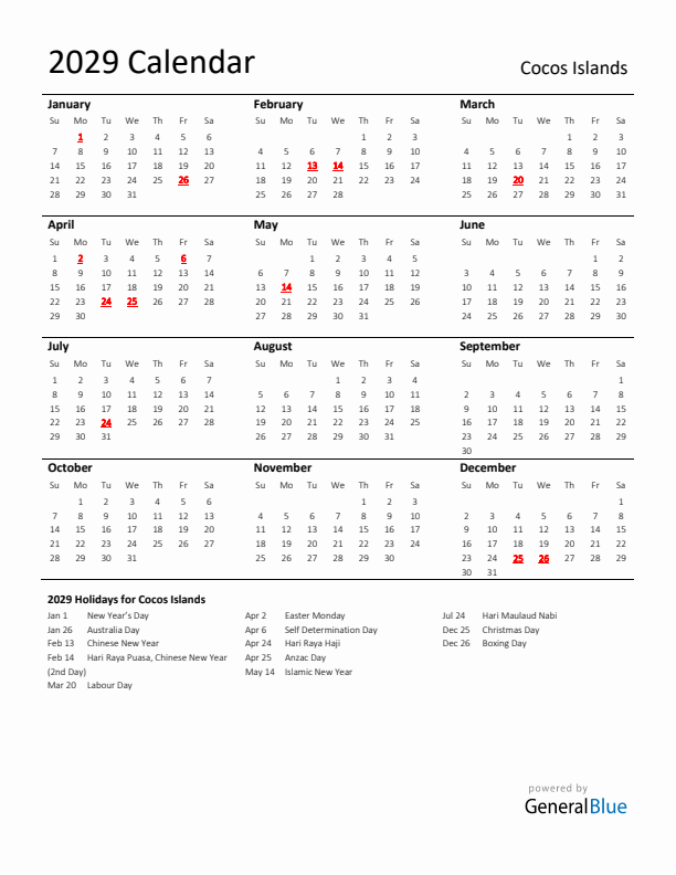 Standard Holiday Calendar for 2029 with Cocos Islands Holidays