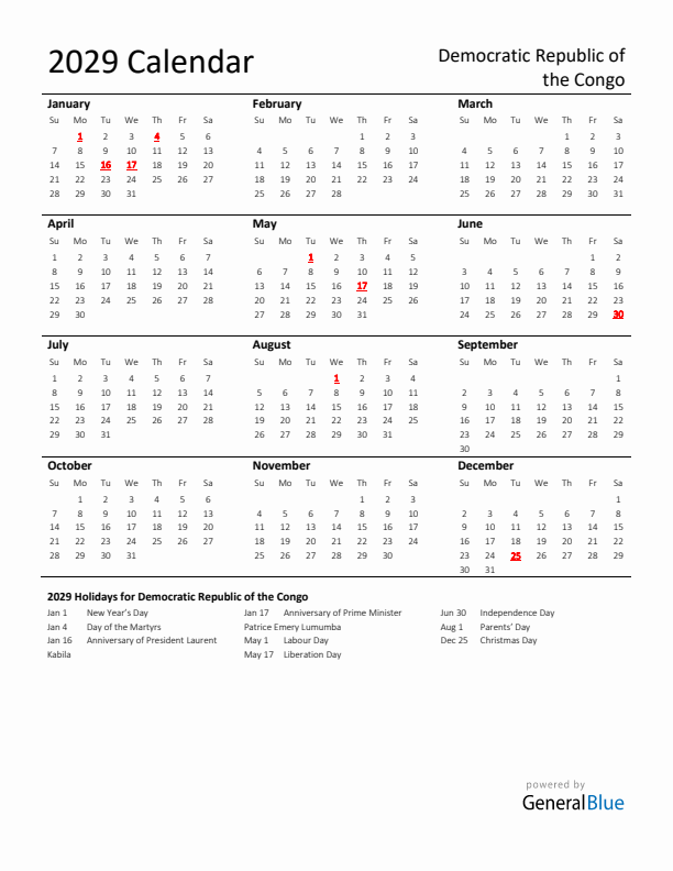 Standard Holiday Calendar for 2029 with Democratic Republic of the Congo Holidays 