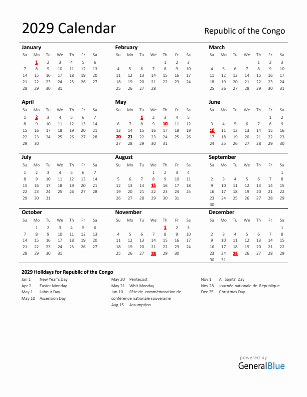 Standard Holiday Calendar for 2029 with Republic of the Congo Holidays 