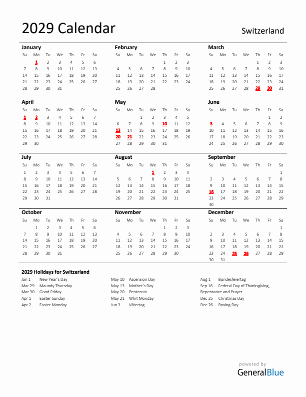Standard Holiday Calendar for 2029 with Switzerland Holidays
