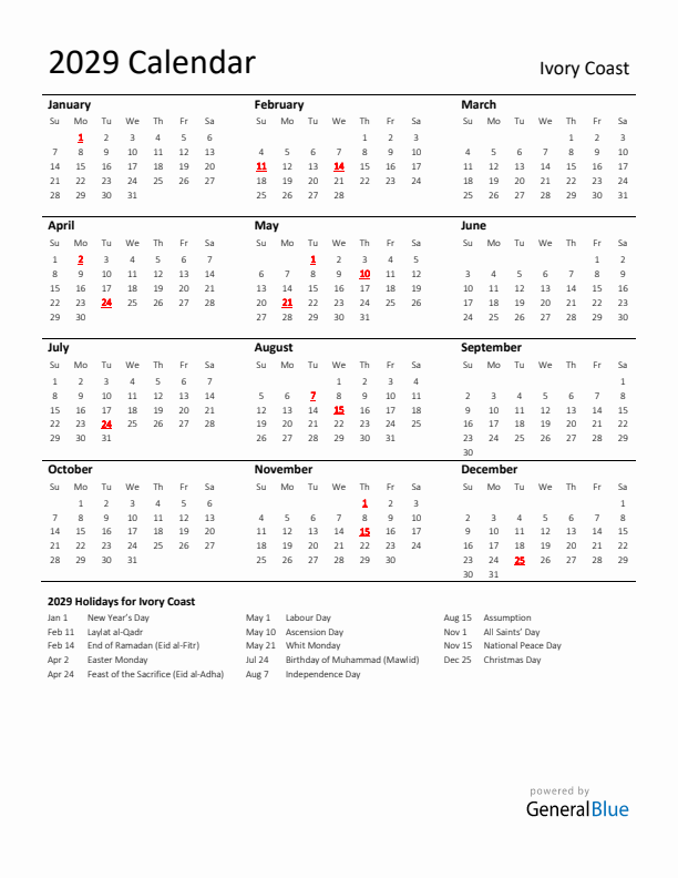 Standard Holiday Calendar for 2029 with Ivory Coast Holidays 
