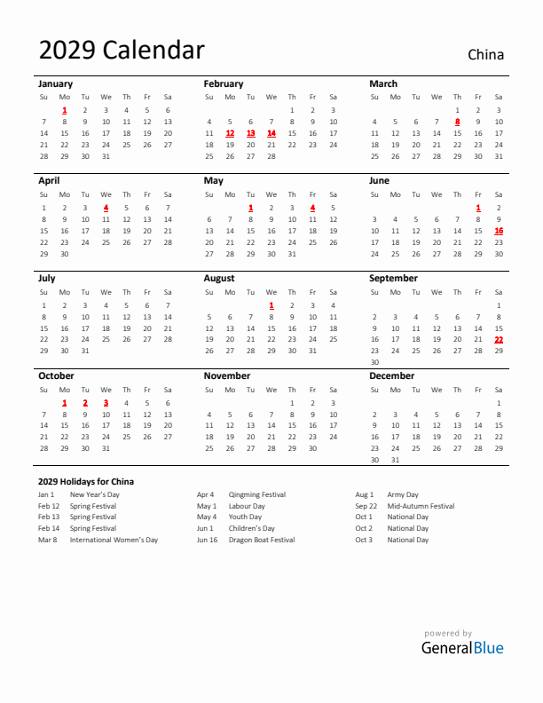 Standard Holiday Calendar for 2029 with China Holidays