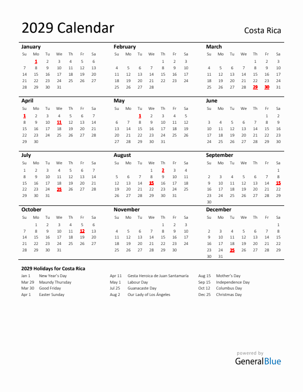 Standard Holiday Calendar for 2029 with Costa Rica Holidays