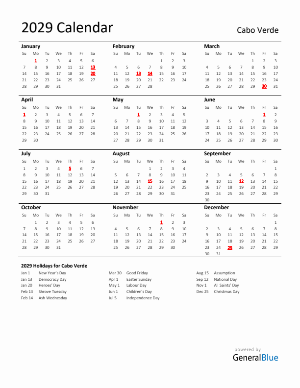 Standard Holiday Calendar for 2029 with Cabo Verde Holidays
