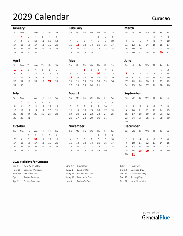 Standard Holiday Calendar for 2029 with Curacao Holidays