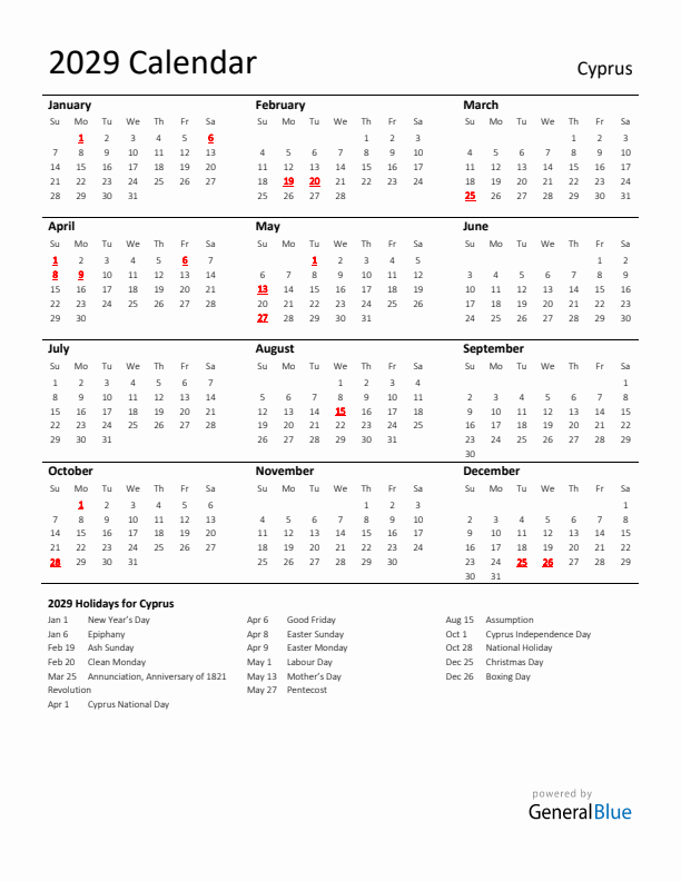 Standard Holiday Calendar for 2029 with Cyprus Holidays