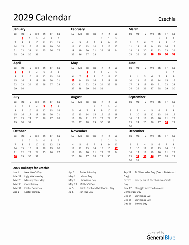 Standard Holiday Calendar for 2029 with Czechia Holidays 