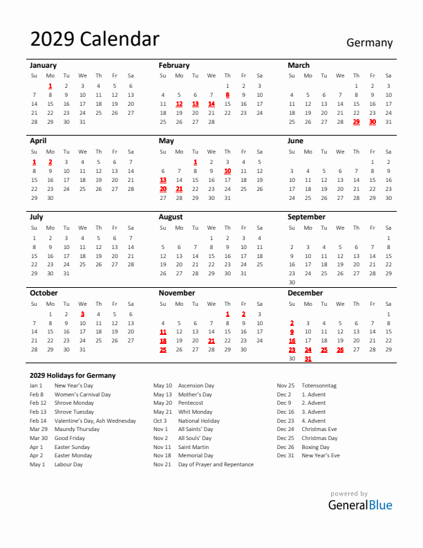 Standard Holiday Calendar for 2029 with Germany Holidays