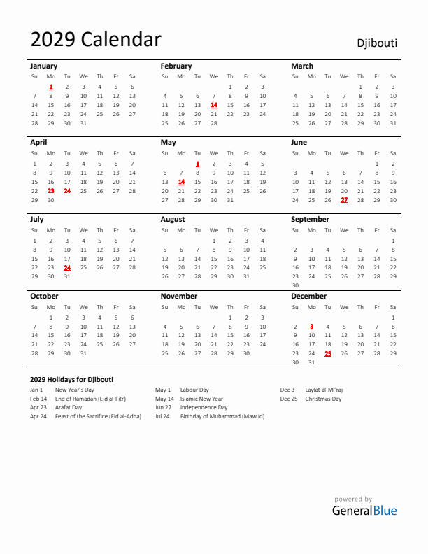 Standard Holiday Calendar for 2029 with Djibouti Holidays 