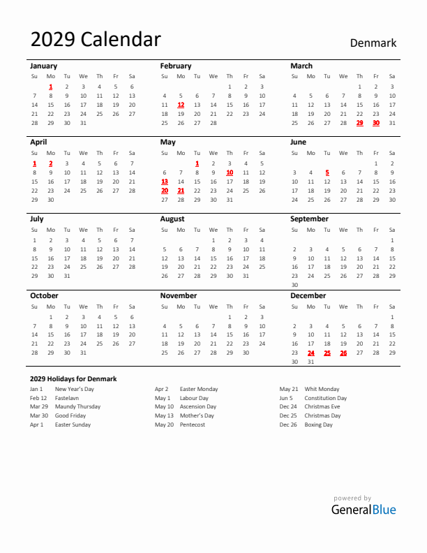 Standard Holiday Calendar for 2029 with Denmark Holidays