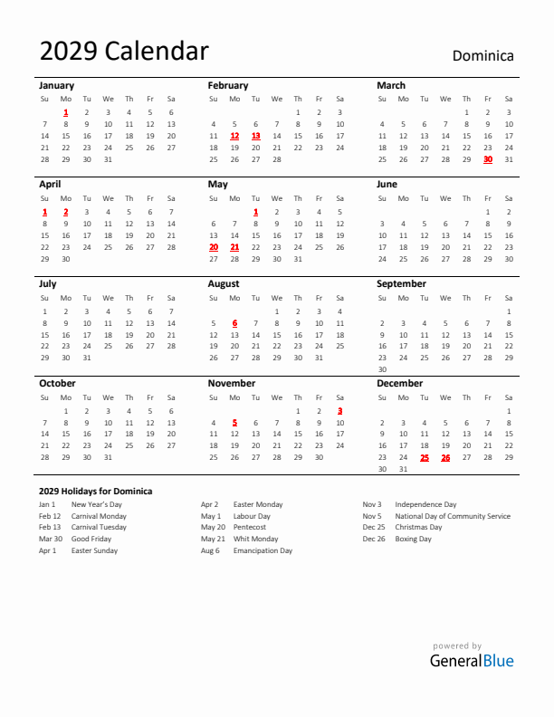 Standard Holiday Calendar for 2029 with Dominica Holidays