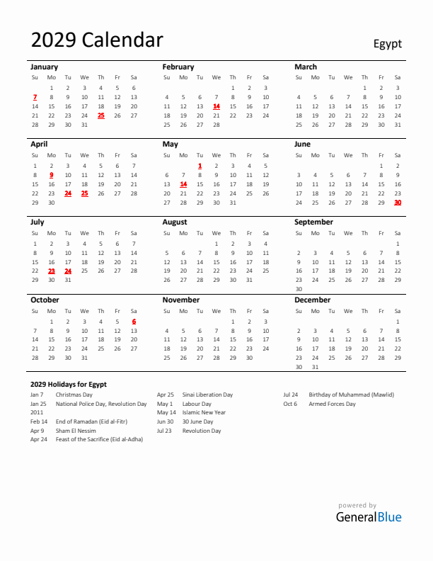 Standard Holiday Calendar for 2029 with Egypt Holidays 