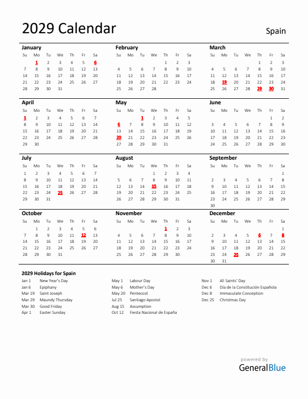Standard Holiday Calendar for 2029 with Spain Holidays