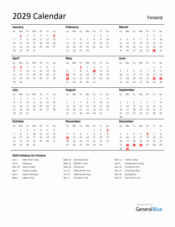 Standard Holiday Calendar for 2029 with Finland Holidays