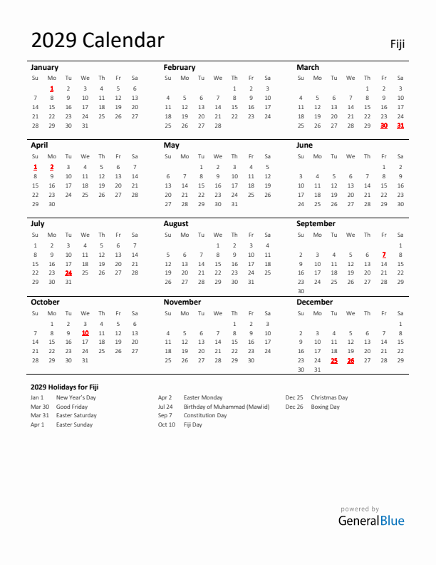 Standard Holiday Calendar for 2029 with Fiji Holidays 