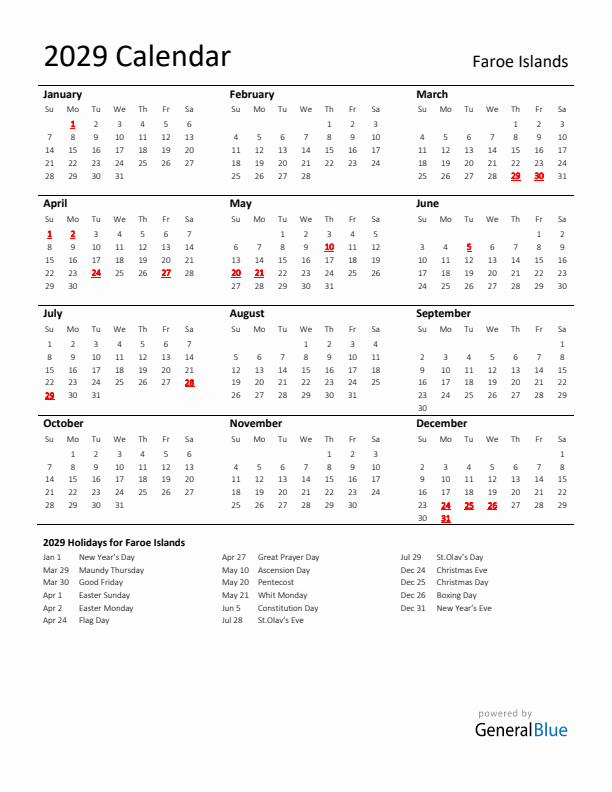 Standard Holiday Calendar for 2029 with Faroe Islands Holidays