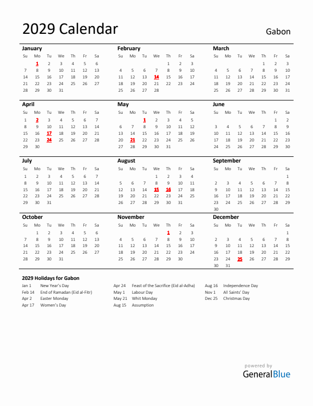 Standard Holiday Calendar for 2029 with Gabon Holidays