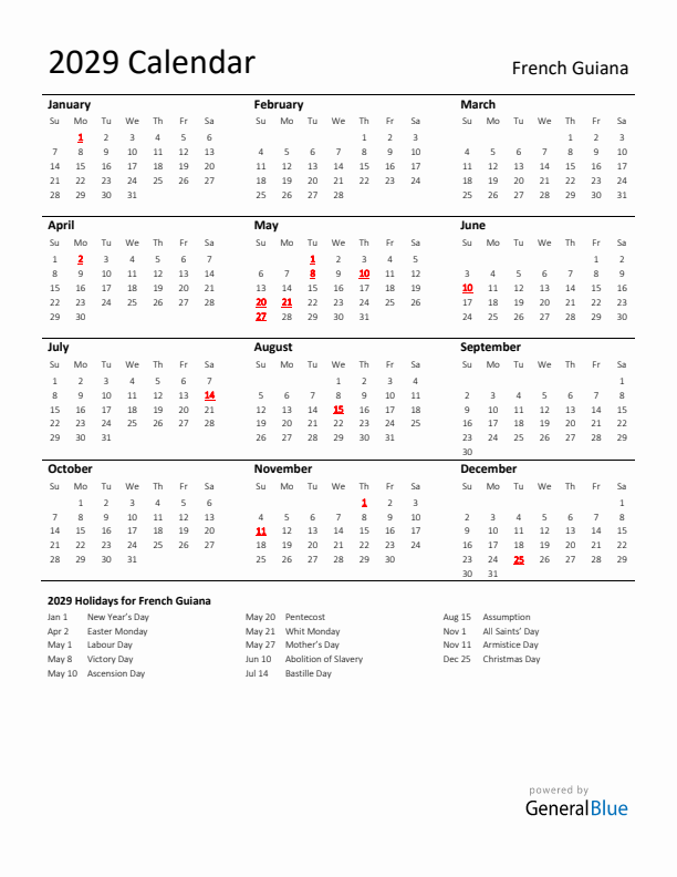 Standard Holiday Calendar for 2029 with French Guiana Holidays