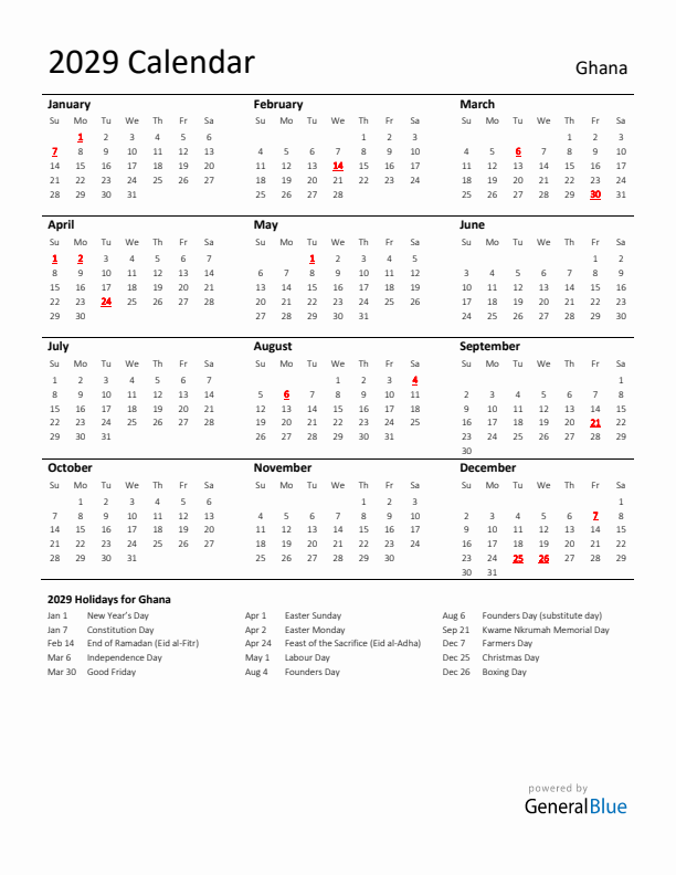Standard Holiday Calendar for 2029 with Ghana Holidays 