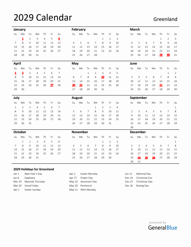 Standard Holiday Calendar for 2029 with Greenland Holidays